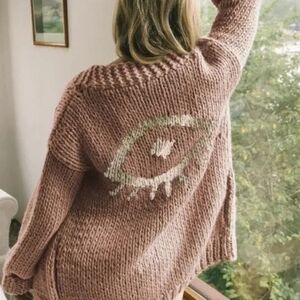 Jackson Rowe Eye See You Cardigan Chunky Knit Zip Up Sweater Small Mauve